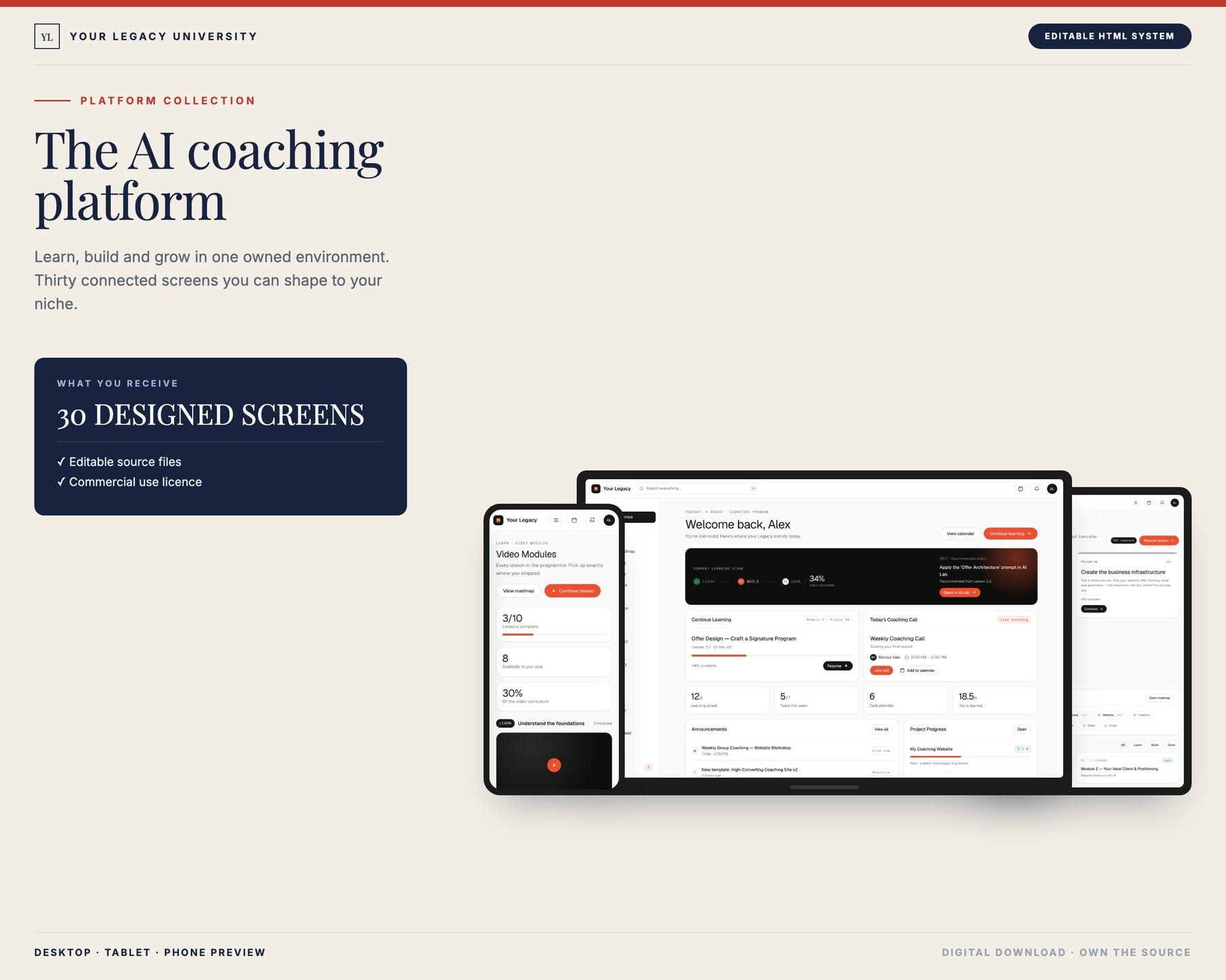 The AI coaching platform shown on desktop, tablet and phone