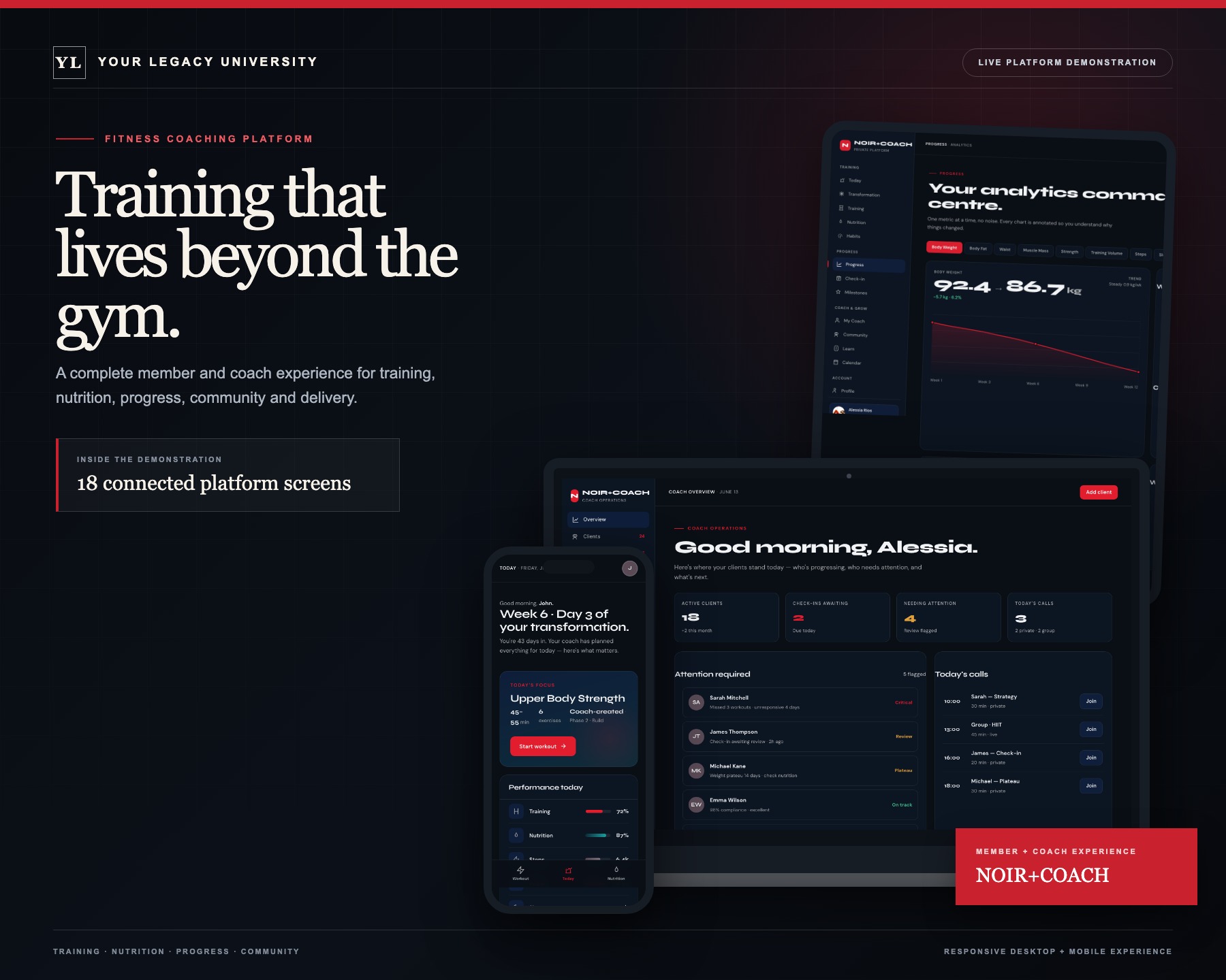 The NOIR+COACH fitness coaching platform shown across member and coach screens